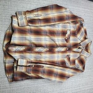 Rafter C‎ Shirt Mens Large Brown Plaid Long Sleeve Snap Front Western Cowboy